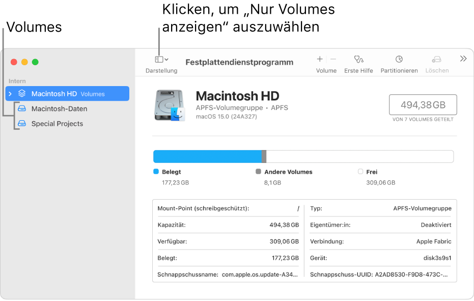 Fenster des Festplattendienstprogramms in der Darstellung „Nur Volumes anzeigen“.