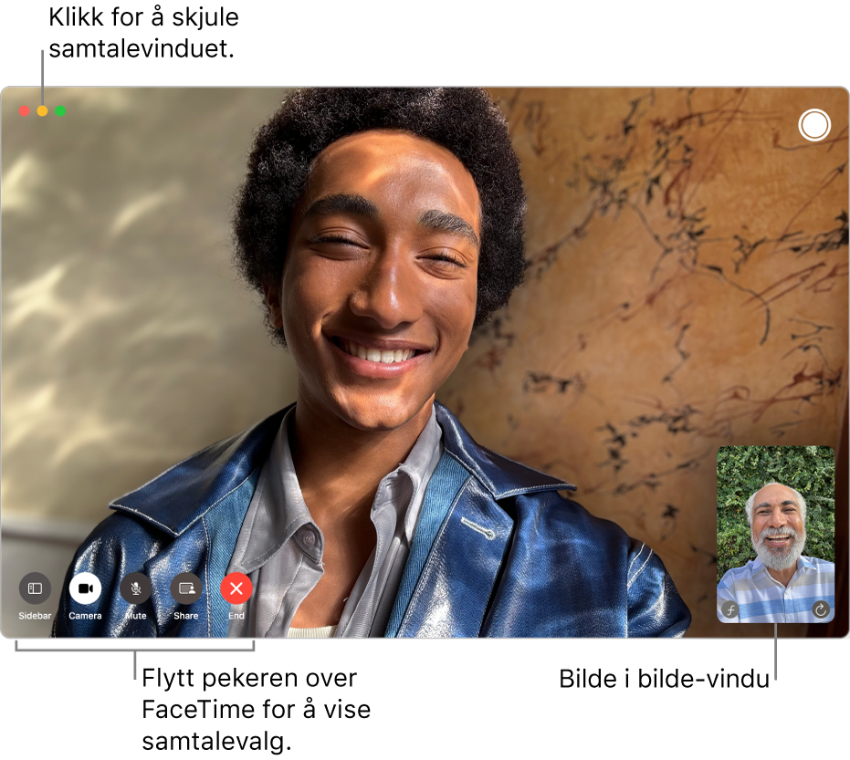 Hold pekeren over FaceTime-vinduet for å se Sidepanel-, Kamera-, Lyd av-, Skjermdeling-, Avslutt anrop- og Live Photo-knappene. Klikk på den midterste knappen øverst til venstre for å skjule samtalevinduet. Bilde i bilde-vinduet vises nederst til høyre.