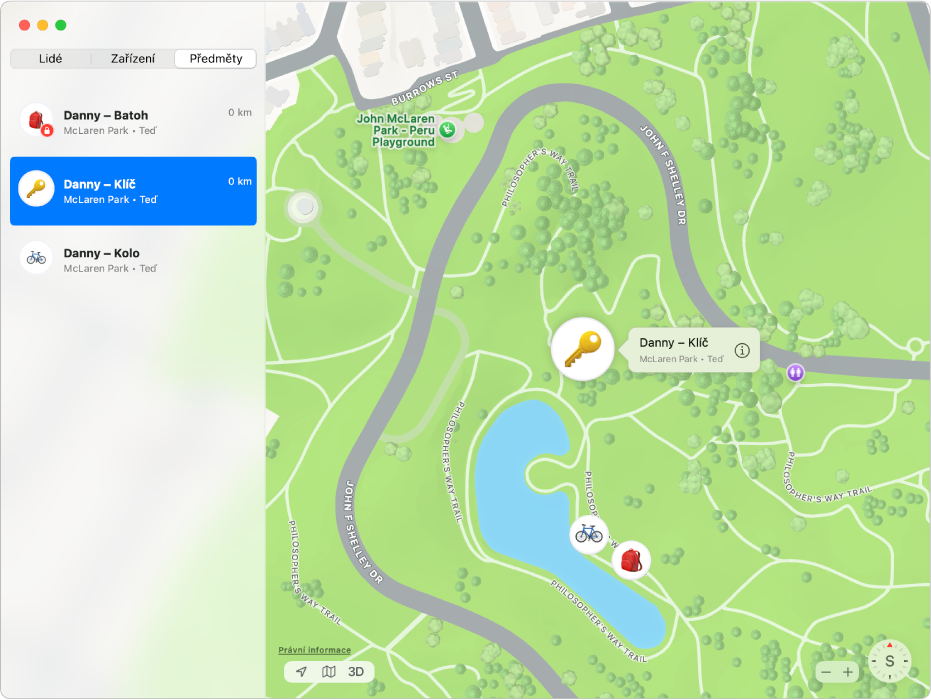 Aplikace Najít se zobrazením seznamu předmětů na bočním panelu a jejich poloha na mapě.