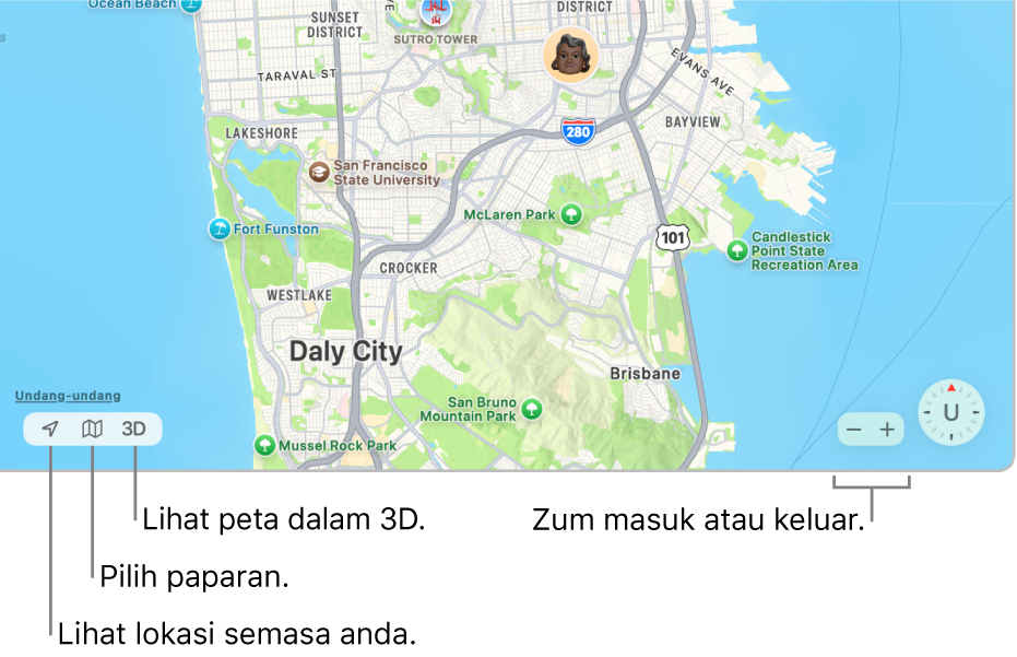 Paparan tetingkap Cari menunjukkan lokasi orang pada peta. Di penjuru kiri bawah, gunakan butang untuk melihat lokasi semasa anda, memilih paparan dan melihat peta dalam 3D. Di penjuru kanan bawah, gunakan butang zum untuk zum masuk atau keluar pada peta.