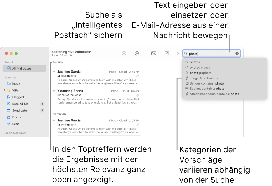 Das durchsuchte Postfach wird in der Suchleiste hervorgehoben. Wenn du ein anderes Postfach durchsuchen möchtest, klicke einfach auf dessen Namen. Du kannst Text in das Suchfeld eingeben oder einsetzen oder eine E-Mail-Adresse aus einer E-Mail bewegen. Während der Eingabe werden unterhalb des Suchfelds Vorschläge angezeigt. Diese werden abhängig von dem von dir gesuchten Text in Kategorien wie Betreff, Status oder Anhänge verwaltet. In den Toptreffern werden die Ergebnisse mit der höchsten Relevanz ganz oben angezeigt.