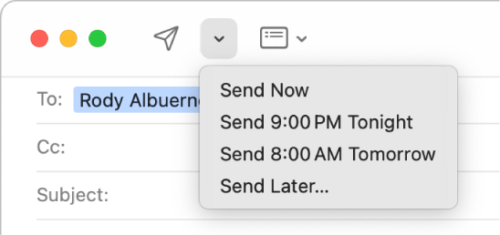 A menu in the message window showing different options for sending an email — Send Now, Send 8:00 am Tomorrow and Send Later.