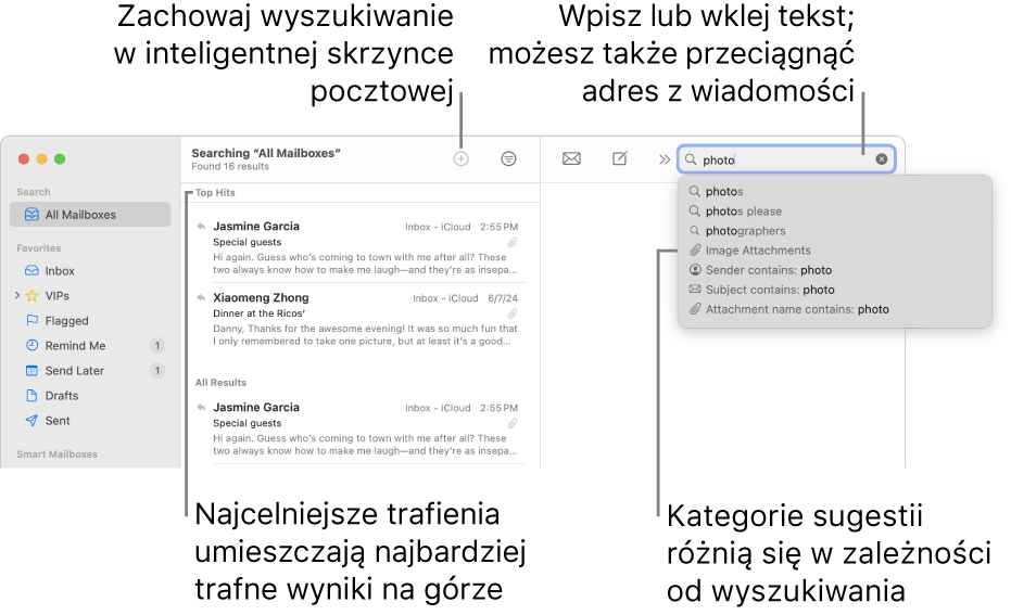 Przeszukiwana skrzynka pocztowa jest wyróżniona na pasku szukania. Aby szukać w innej skrzynce pocztowej, kliknij w jej nazwę. Możesz wpisać lub wkleić tekst w polu szukania lub przeciągnąć adres email z wiadomości. Kolejne propozycje będą się pojawiały poniżej na bieżąco. Są zgrupowane w kategoriach, takich jak Temat lub Załączniki, w zależności od szukanego tekstu. Funkcja Najcelniejsze trafienia umieszcza najbardziej istotne wyniki na samej górze.