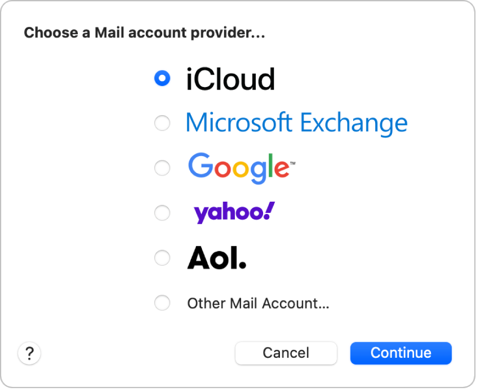 Dialogrutan för att välja en e-postkontotyp med iCloud, Microsoft Exchange, Google, Yahoo, AOL och Annat Mail-konto.