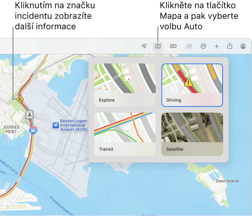 Mapa San Francisca se zobrazenými volbami, vybranou mapou pro řidiče a dopravními událostmi na mapě