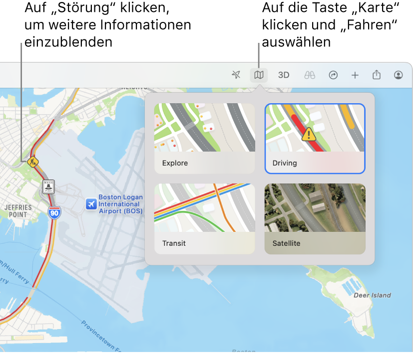 Karte von San Francisco mit angezeigten Kartenoptionen, der ausgewählten Straßenkarte und den Verkehrsereignissen auf der Karte.