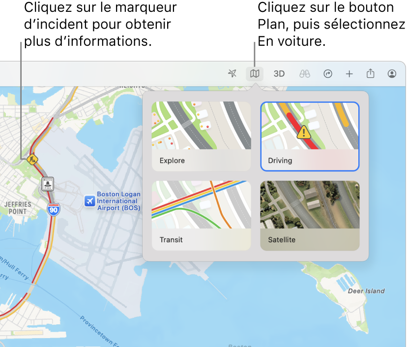 Un plan de San Francisco avec l’affichage des options de plan, la case Circulation cochée et les incidents liés au trafic sur le plan.