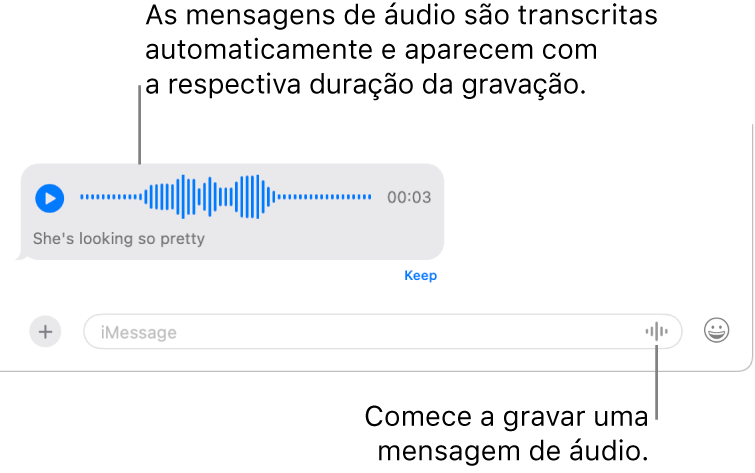 Uma conversa do app Mensagens, mostrando o botão Gravar Áudio ao lado do campo de mensagem na parte inferior da janela. Uma mensagem de áudio com sua transcrição e duração da gravação aparece na conversa.