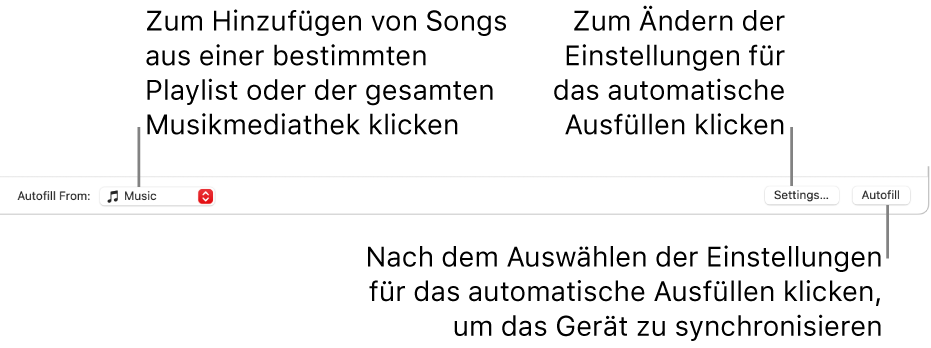 Die Option „Automatisch füllen“ unten im Fenster „Musik“. Ganz links befindet sich das Einblendmenü „Automatisch füllen“, in dem du auswählen kannst, ob Titel von einer Playlist oder von der gesamten Mediathek hinzugefügt werden sollen. Ganz rechts sind zwei Tasten: die Taste „Einstellungen“ zum Ändern der verschiedenen Optionen für das automatische Füllen und die Taste „Automatisch füllen“. Wenn du auf „Automatisch füllen“ klickst, wird dein Gerät mit den Titeln gefüllt, die den Kriterien entsprechen.