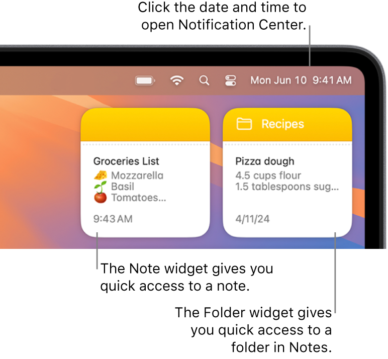 Two Notes widgets—the Folder widget shows a folder in Notes, and the Note widget shows a note. Click the date and time in the menu bar to open Notification Center.