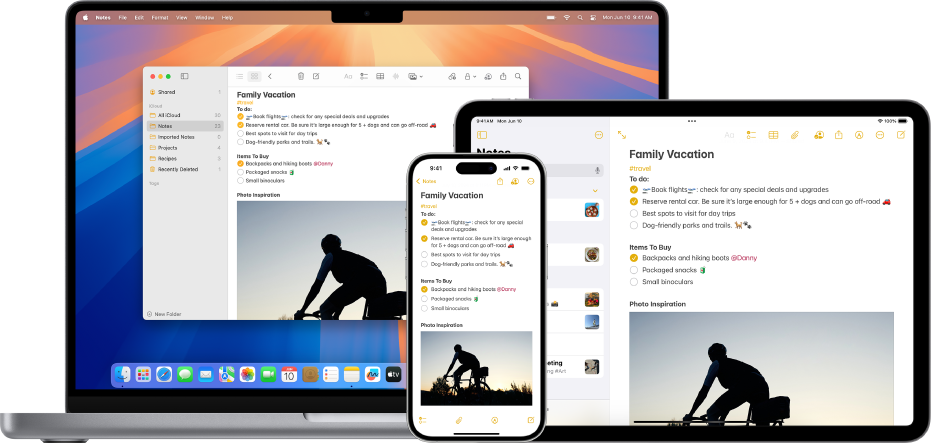 Une fenêtre de l’app Notes sur un Mac, un iPhone et un iPad affichant tous la même note sur iCloud.