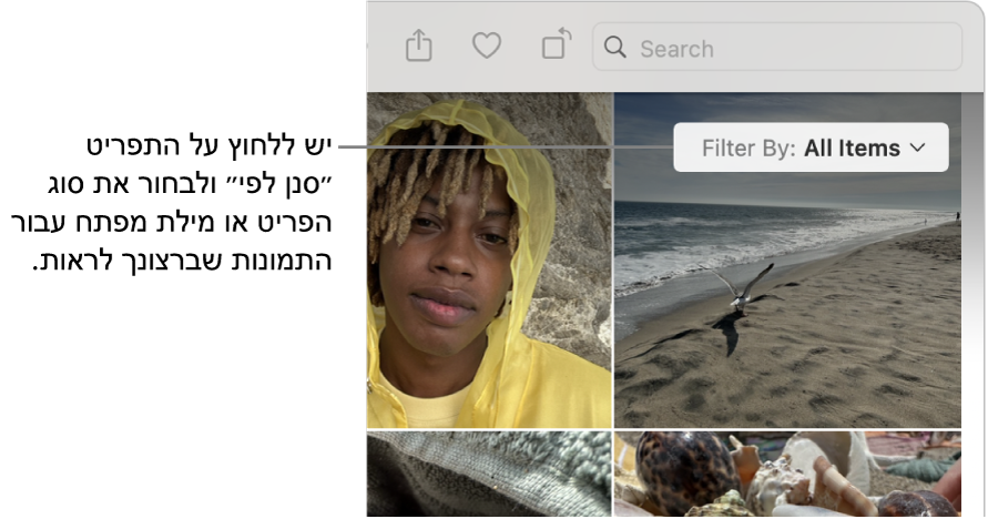 התפריט הקופצני ״סנן לפי״ מוגדר לאפשרות ״הצג את כל הפריטים״.