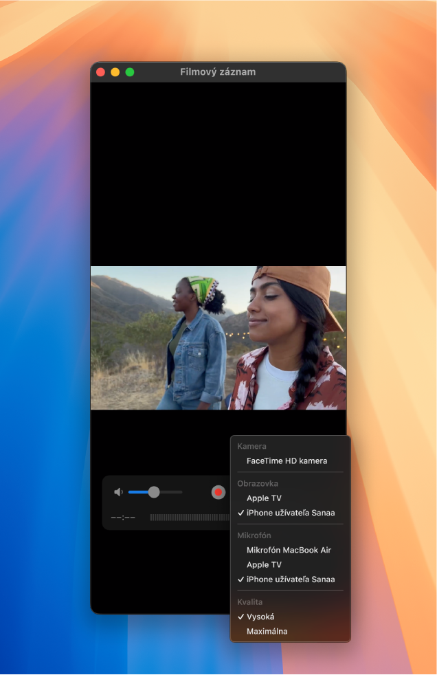 Okno aplikácie QuickTime Player na Macu počas nahrávania pomocou iPhonu.