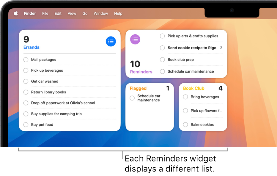 Four Reminders widgets on the desktop, each showing a different list.