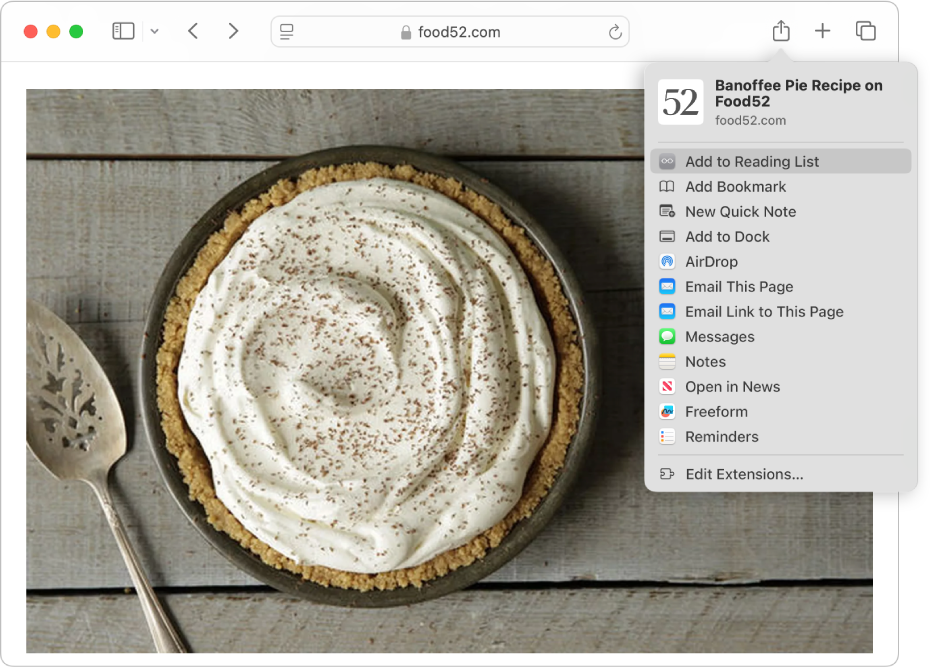 Web page showing a pie recipe, with the Share button clicked and Add to Reading List selected.