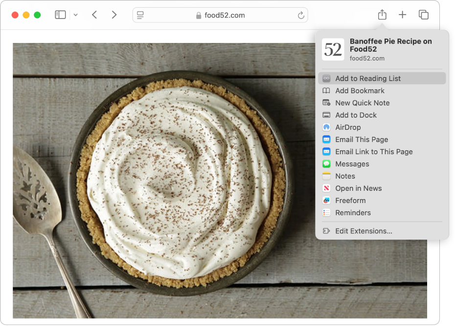 Webpage showing a pie recipe, with the Share button clicked and Add to Reading List selected.