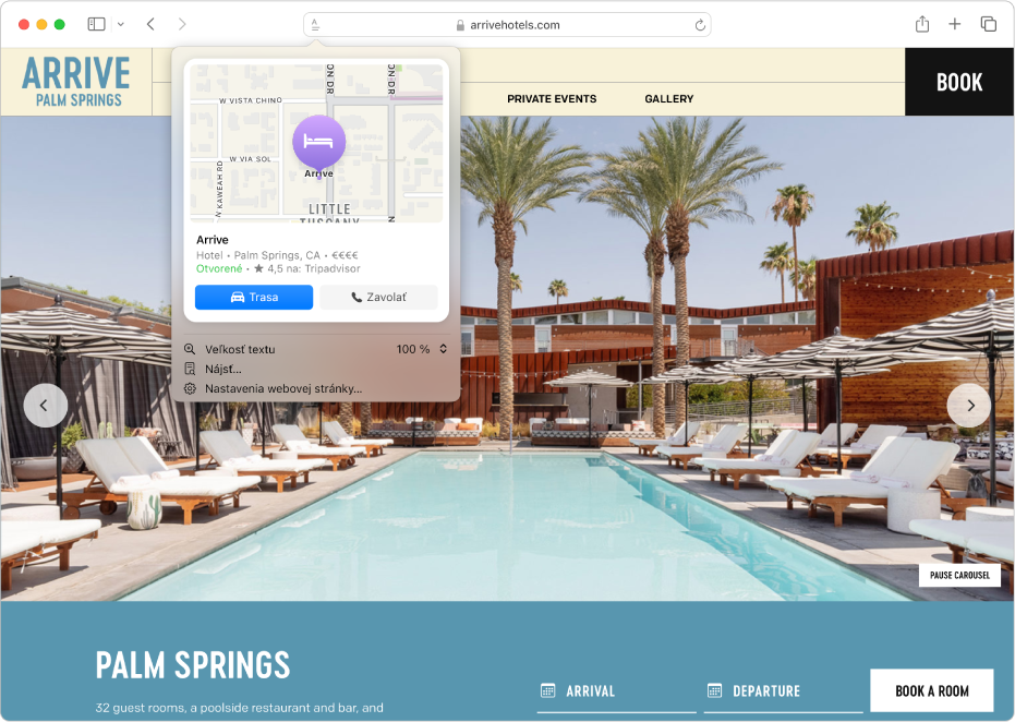 Apka Safari so zobrazeným zhrnutím webovej stránky hotelu v Palm Springs. Zhrnutie obsahuje mapu, tlačidlo na zavolanie do hotelu alebo zobrazenie trasy a odkaz na rezervačný formulár.