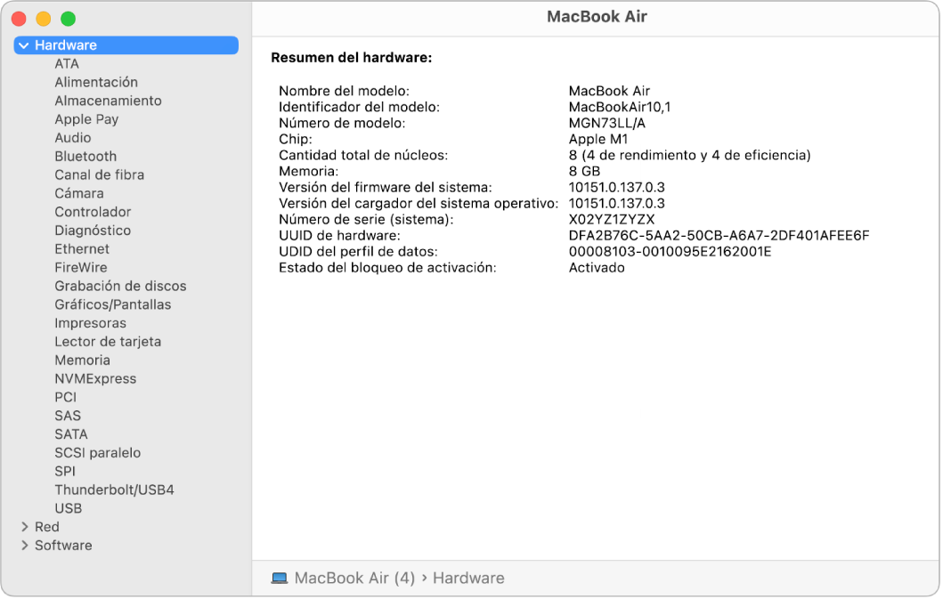 La sección de Vista rápida de hardware de un reporte del sistema.