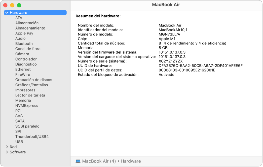 La sección “Información del hardware” de un informe del sistema.