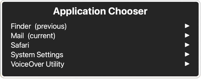 The Application Chooser listing five open applications, including the Finder and System Settings. To the right of each item in the list is an arrow.