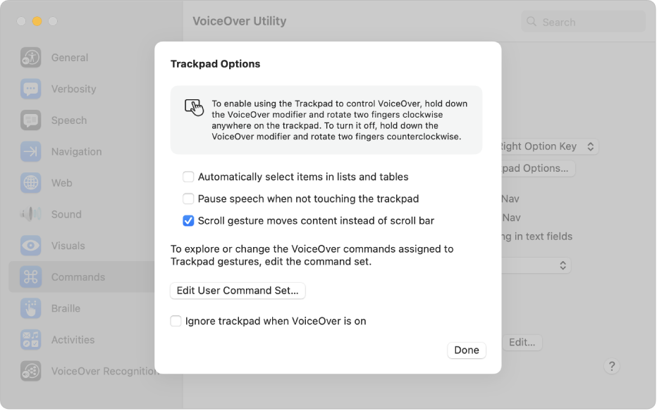 Une zone de dialogue dans Utilitaire VoiceOver, avec des réglages permettant d’utiliser le trackpad pour contrôler VoiceOver.