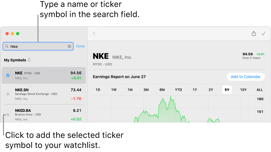 A Stocks window showing the search field, a list of search results, and the Add to Watchlist button.