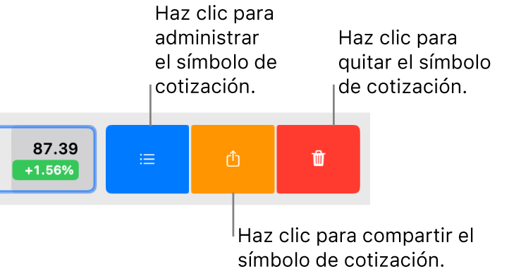 Los botones Administrar, Compartir y Eliminar que aparecen cuando seleccionas un símbolo de cotización en la lista de seguimiento y deslizas a la izquierda.