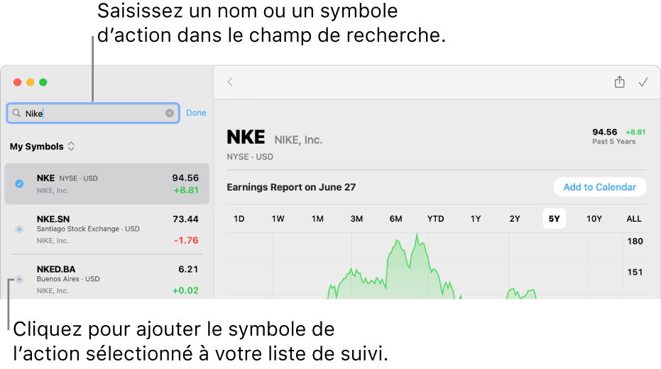 Fenêtre Bourse affichant le champ de recherche, une liste de résultats de recherche et le bouton Ajouter à la liste de suivi.