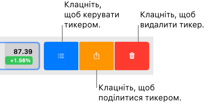 Кнопки «Керувати», «Поширити» і «Вилучити», які з’являються, коли вибрати тикер у списку стеження і провести вліво.