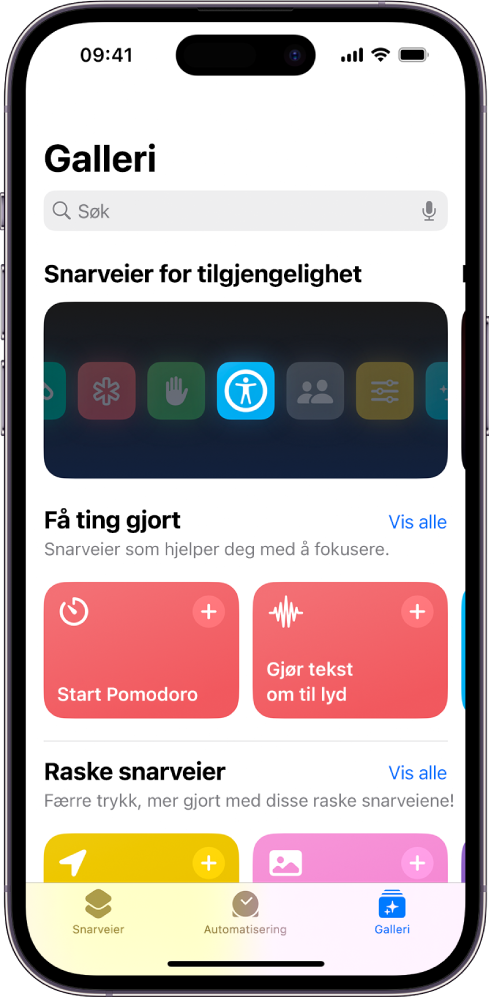 Galleri-skjermen i Snarveier-appen med et søkefelt øverst. Under vises tre gallerier: Snarveier for tilgjengelighet, Get Stuff Done og Quick Shortcuts. Knappene Snarveier, Automatisering og Galleri vises nederst på skjermen. Galleri er valgt.