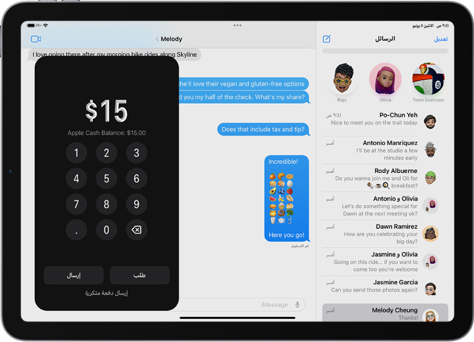 محادثة iMessage يظهر بها Apple Pay مفتوحًا في الجزء السفلي.