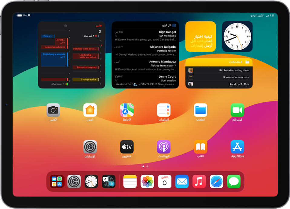 الشاشة الرئيسية لـ iPad وقد تم تشغيل النمط الداكن عليها.