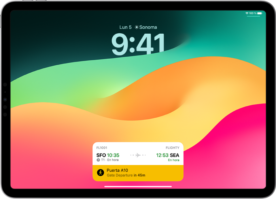 Pantalla de bloqueo de un iPad con una actividad en directo: un rastreador de vuelos muestra los horarios de vuelo y el intervalo de salida esperado para un vuelo que se está siguiendo.