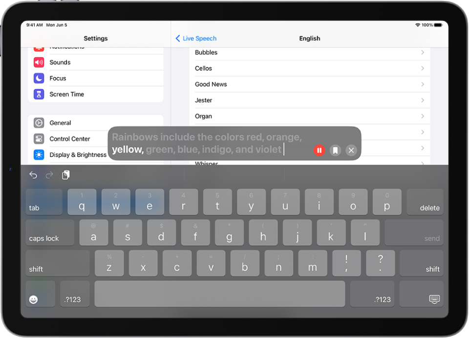 Funkcija Live Speech v iPadu glasno prebere vsako vneseno besedilo.