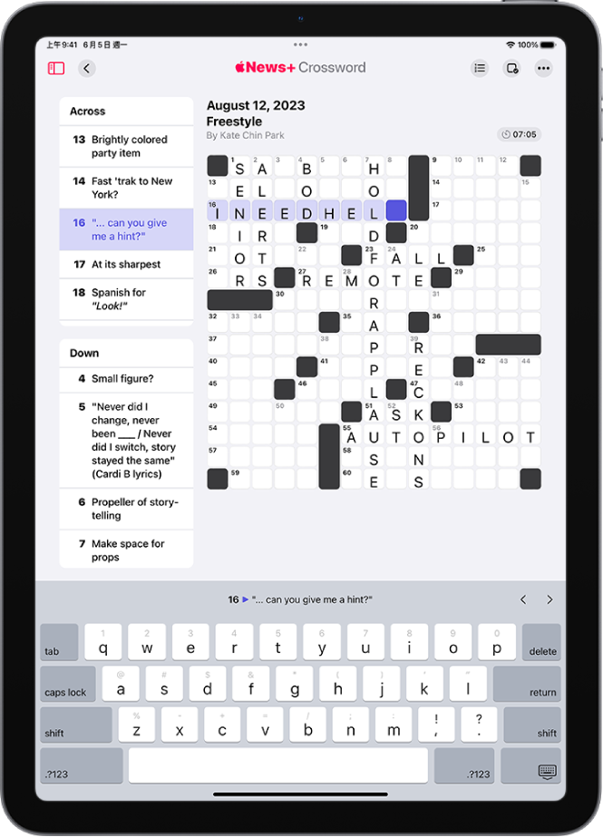 一個已填一部分的填字遊戲，一邊帶有線索，底部有一個打開的鍵盤。