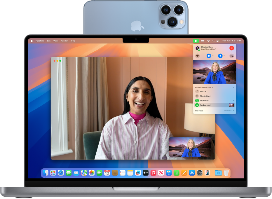 Ein MacBook Pro, das ein iPhone als Webcam benutzt und eine FaceTime-Session zeigt.