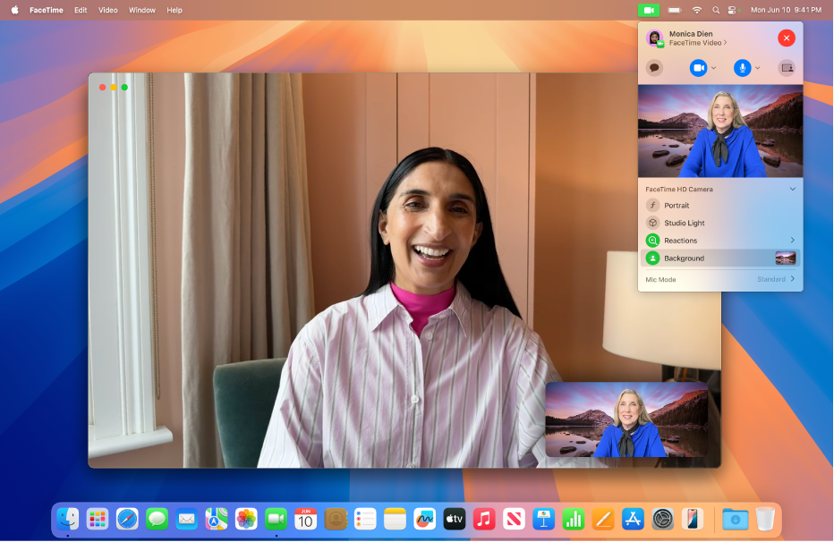 Ein Mac-Bildschirm zeigt einen FaceTime-Anruf, in dem eine Person ihren Hintergrund zu einem Landschaftsfoto geändert hat.