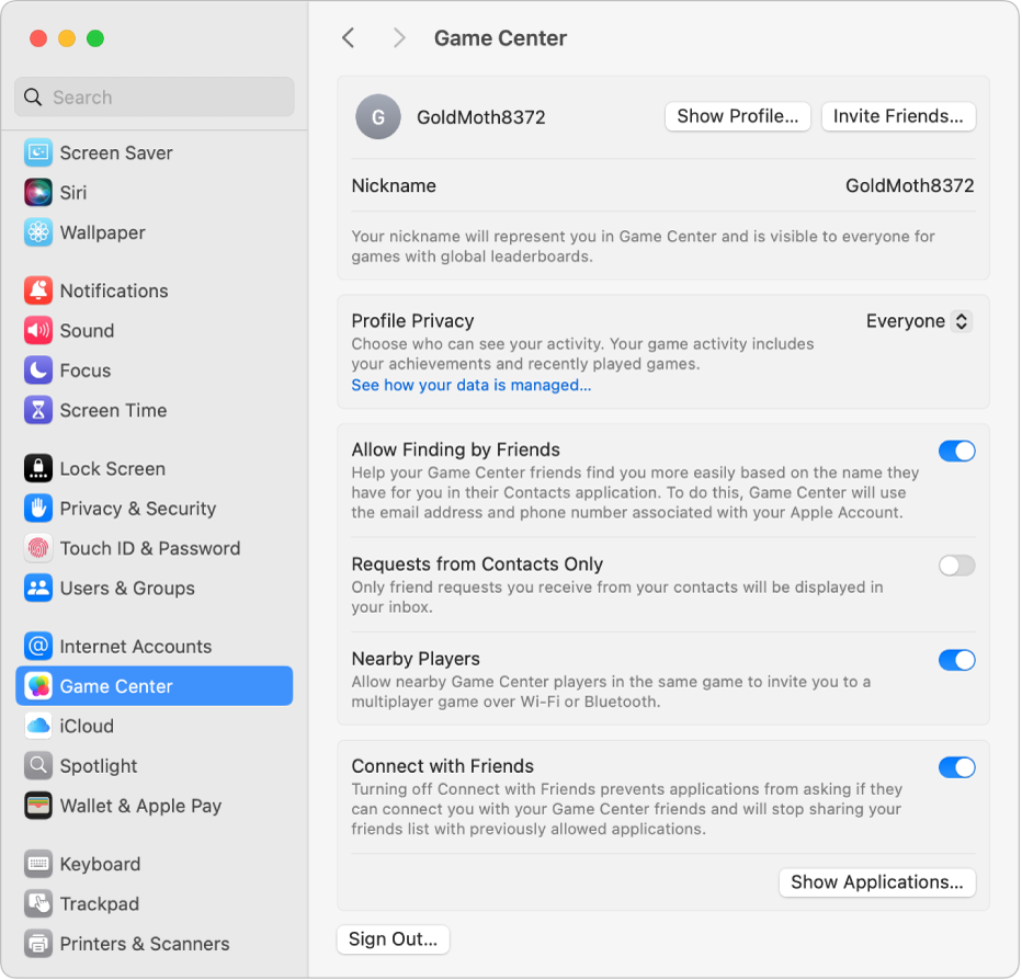 A Game Center account selected in System Settings, with gaming options listed on the right.