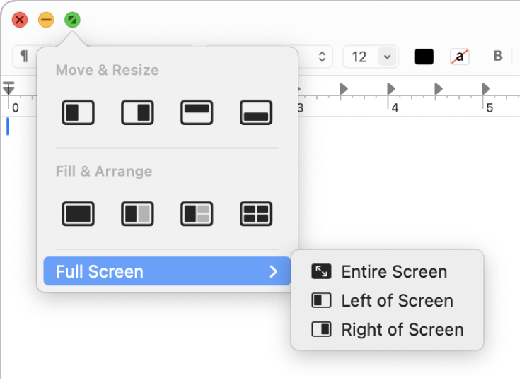 An app window showing the green button in its top-left corner and the available window tiling options.