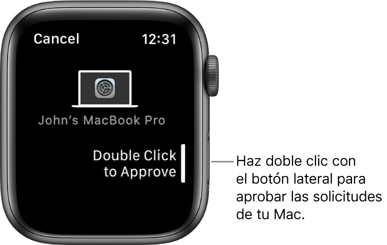 Apple Watch mostrando una solicitud de aprobación de una MacBook Pro.