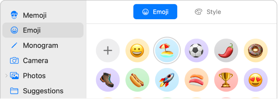 Apple-tilin kuvavaihtoehdot, joissa sivupalkissa on valittuna emoji ja käyttäjälle näytetään erilaisia emojeja.