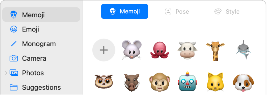 Apple-tilin kuvavaihtoehdot, joissa sivupalkissa on valittuna Memoji ja käyttäjälle näytetään erilaisia memojeja.