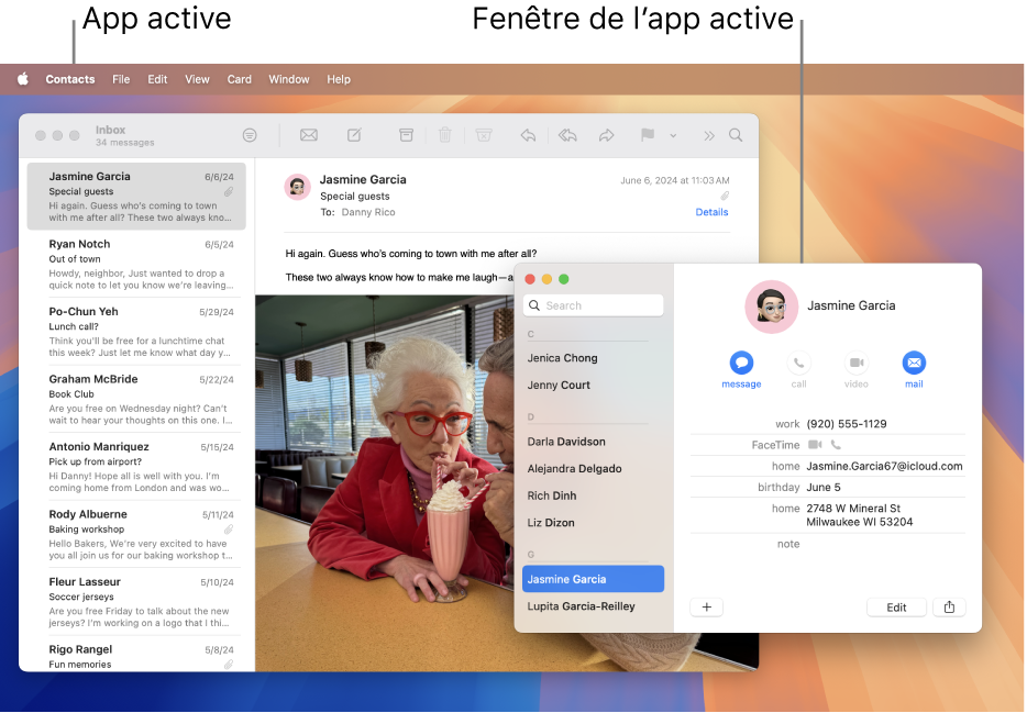 Un exemple de bureau avec plusieurs fenêtres ouvertes, mais une seule app active.