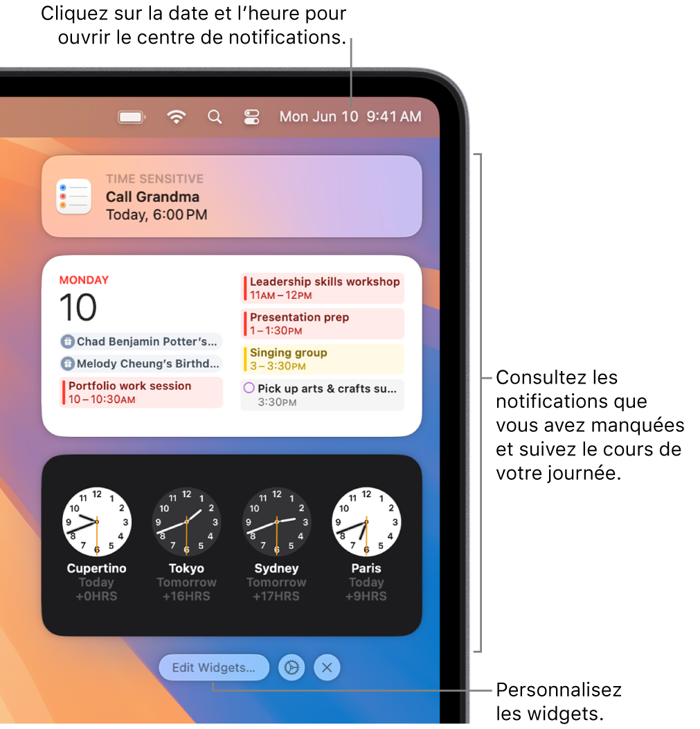 Notifications et widgets dans le Centre de notifications.