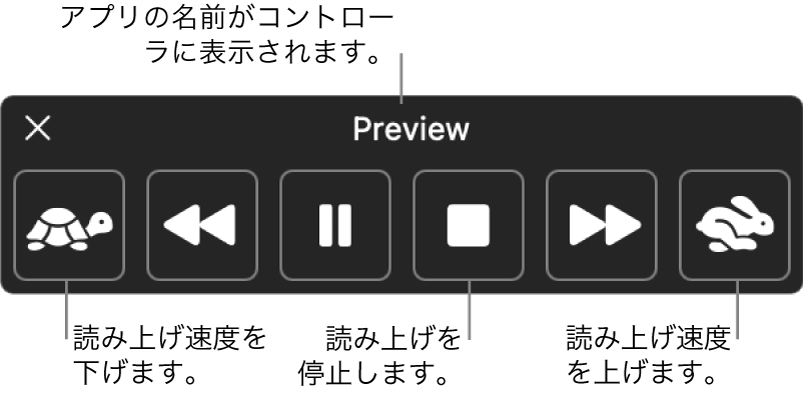 選択したテキストが読み上げられるときに表示できるオンスクリーンコントローラ。コントローラには、左から右の順に、読み上げ速度を下げるボタン、1つ前の文に戻るボタン、読み上げを再生または一時停止するボタン、読み上げを停止するボタン、1つあとの文に移動するボタン、読み上げ速度を上げるボタンの6個のボタンがあります。コントローラの一番上にアプリの名前が表示されています。