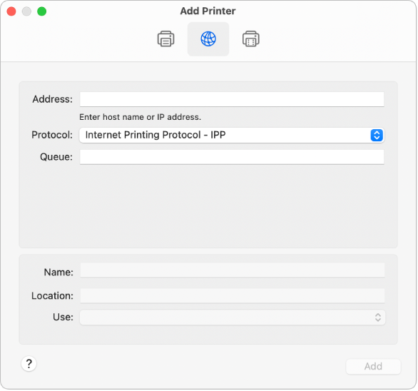 Het dialoogvenster voor het toevoegen van een printer met de IP-opties voor het instellen van een printer aan de hand van het IP-protocol.