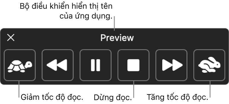 Bộ điều khiển trên màn hình có thể được hiển thị khi máy Mac của bạn đọc văn bản được chọn. Bộ điều khiển cung cấp 6 nút, từ trái sang phải, cho phép bạn giảm tốc độ đọc, lùi về phía sau một câu, phát và tạm dừng đọc, dừng đọc, tiến về phía trước một câu và tăng tốc độ đọc. Tên của ứng dụng được hiển thị ở đầu bộ điều khiển.