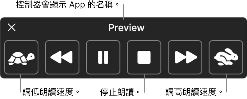 可在 Mac 朗讀所選文字時顯示的螢幕控制器。控制器提供六個按鈕，由左至右分別用於減慢朗讀速度、跳到上一句、播放或暫停朗讀、停止朗讀、跳到下一句以及加快朗讀速度。App 名稱顯示於控制器最上方。