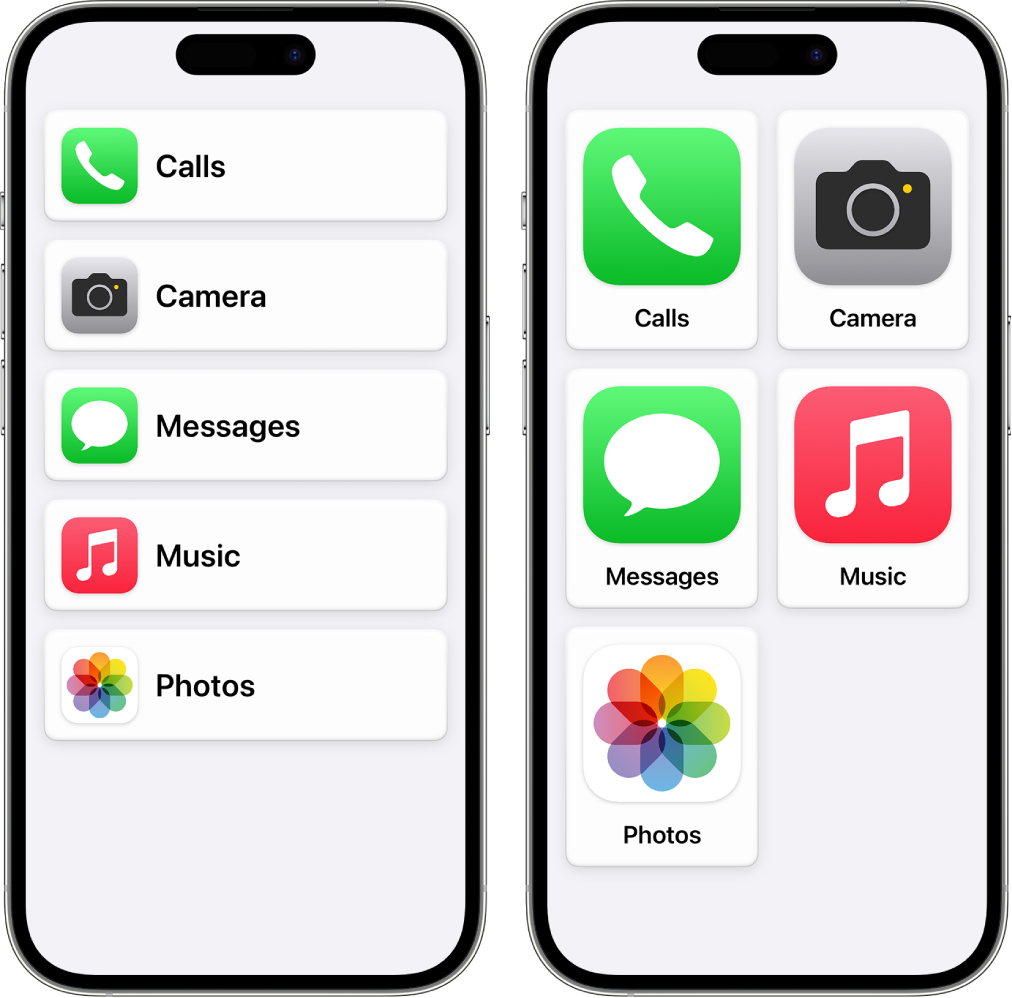 Two iPhone screens in Assistive Access. One shows the Home Screen with apps listed in a row. The other shows larger apps arranged in a grid.