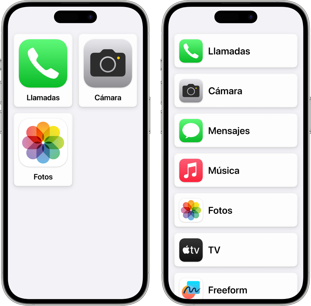 Dos pantallas de iPhone mostrando la pantalla de inicio del acceso asistido. Un iPhone muestra una cuadrícula grande con unas cuantas apps. El otro iPhone muestra muchas apps en una lista.